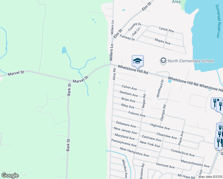 map of restaurants, bars, coffee shops, grocery stores, and more near 875 Almy Road in Somerset