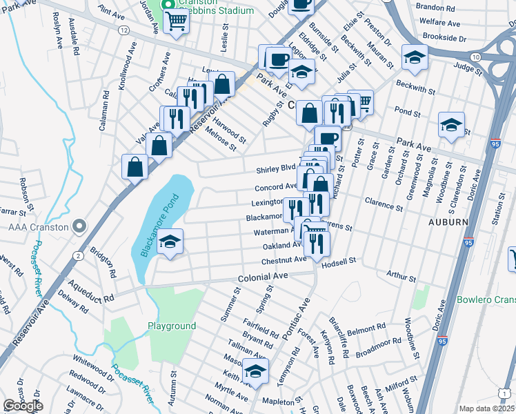 map of restaurants, bars, coffee shops, grocery stores, and more near 82 Lexington Avenue in Cranston