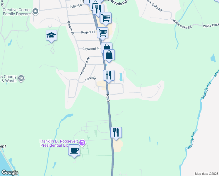 map of restaurants, bars, coffee shops, grocery stores, and more near 4158 Albany Post Rd in Hyde Park