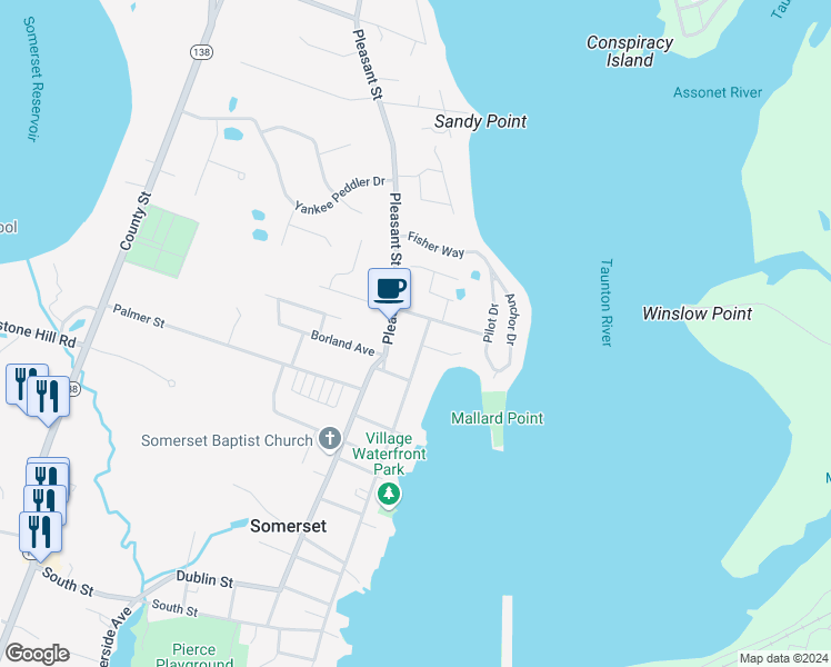 map of restaurants, bars, coffee shops, grocery stores, and more near 695 Main Street in Somerset