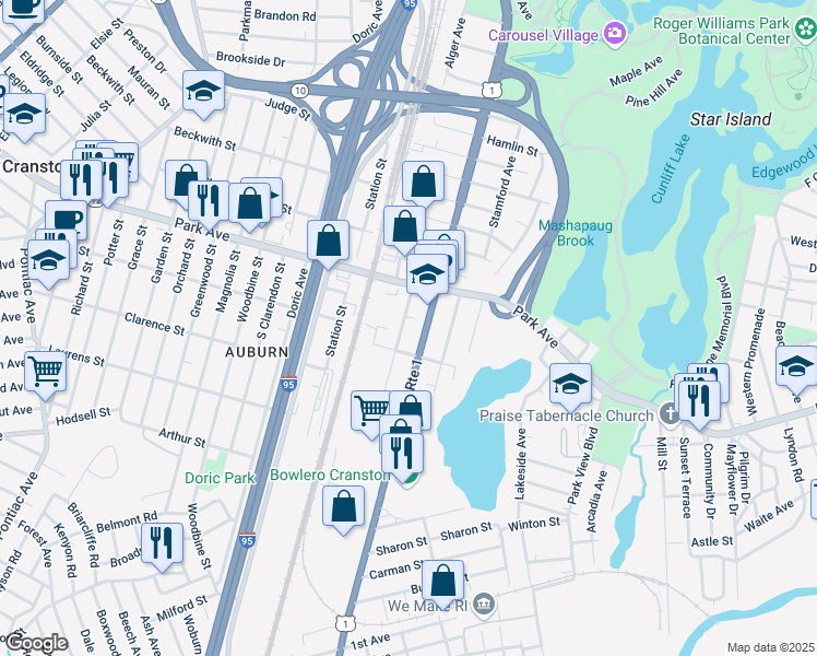 map of restaurants, bars, coffee shops, grocery stores, and more near 1303 Elmwood Avenue in Cranston