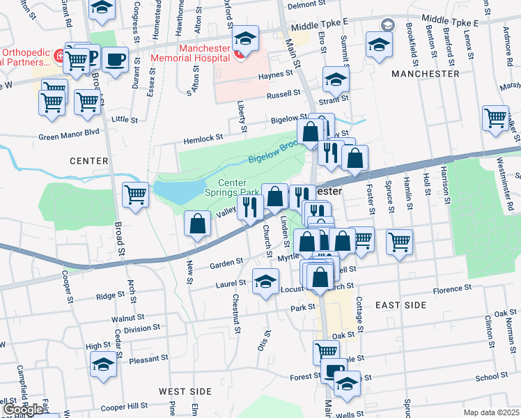 map of restaurants, bars, coffee shops, grocery stores, and more near 10 Orchard Street in Manchester