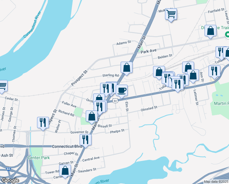 map of restaurants, bars, coffee shops, grocery stores, and more near 1284 Main Street in East Hartford