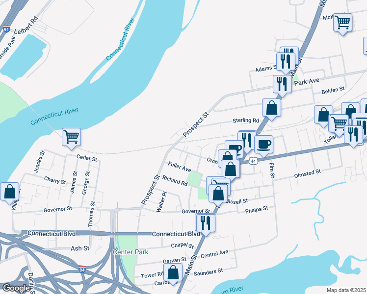 map of restaurants, bars, coffee shops, grocery stores, and more near 90R Orchard Street in East Hartford