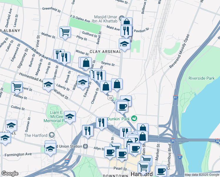 map of restaurants, bars, coffee shops, grocery stores, and more near 72 Albany Avenue in Hartford