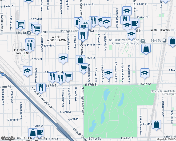 map of restaurants, bars, coffee shops, grocery stores, and more near 6601 South Maryland Avenue in Chicago