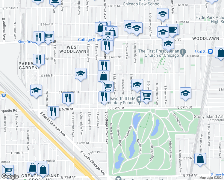 map of restaurants, bars, coffee shops, grocery stores, and more near 6601 South Maryland Avenue in Chicago