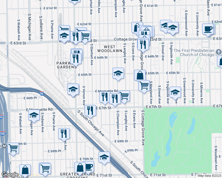 map of restaurants, bars, coffee shops, grocery stores, and more near 6555 South Saint Lawrence Avenue in Chicago