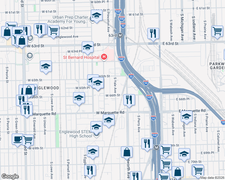map of restaurants, bars, coffee shops, grocery stores, and more near 6553 South Yale Avenue in Chicago