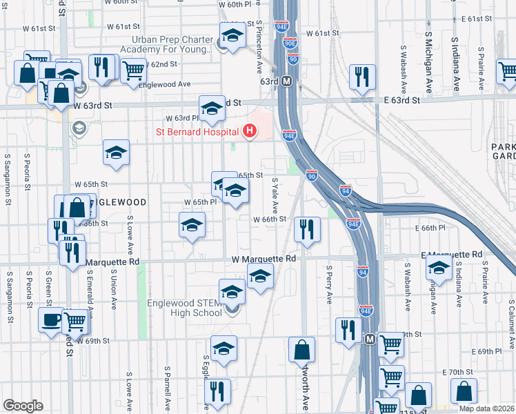 map of restaurants, bars, coffee shops, grocery stores, and more near 6561 South Harvard Avenue in Chicago