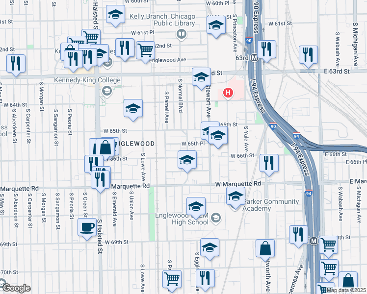 map of restaurants, bars, coffee shops, grocery stores, and more near 505 West 65th Place in Chicago