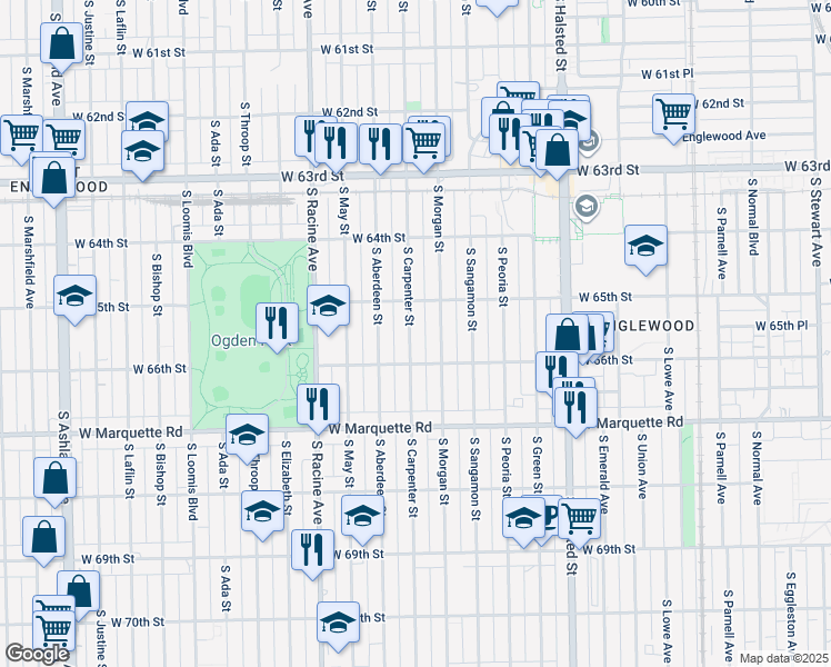 map of restaurants, bars, coffee shops, grocery stores, and more near 6534 South Carpenter Street in Chicago