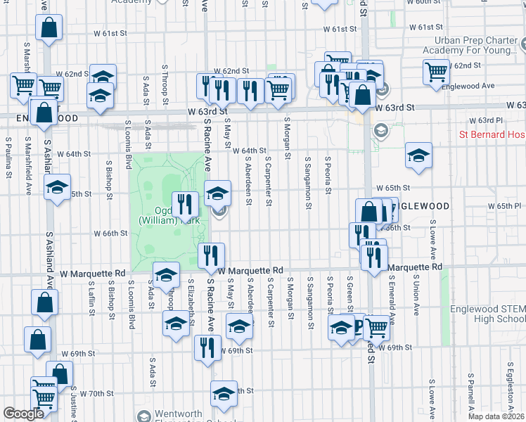 map of restaurants, bars, coffee shops, grocery stores, and more near 6534 South Carpenter Street in Chicago