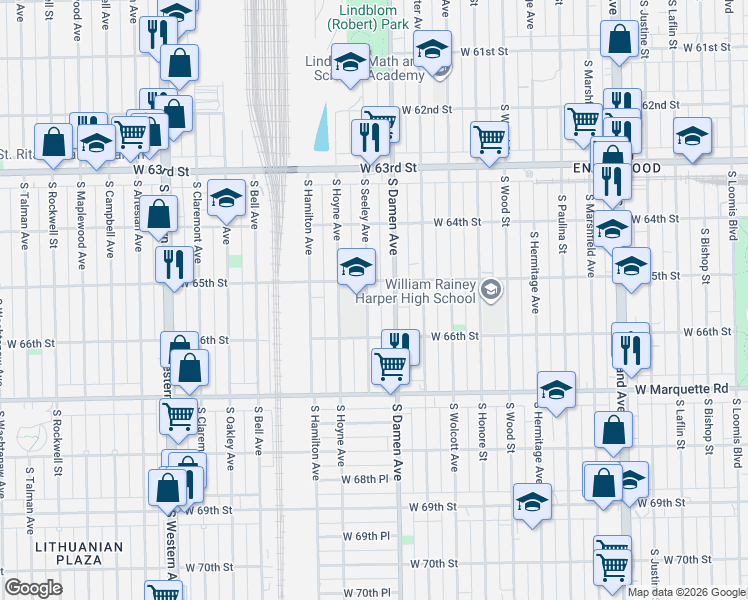 map of restaurants, bars, coffee shops, grocery stores, and more near 6519 South Seeley Avenue in Chicago