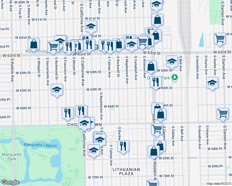 map of restaurants, bars, coffee shops, grocery stores, and more near 6514 South Rockwell Street in Chicago