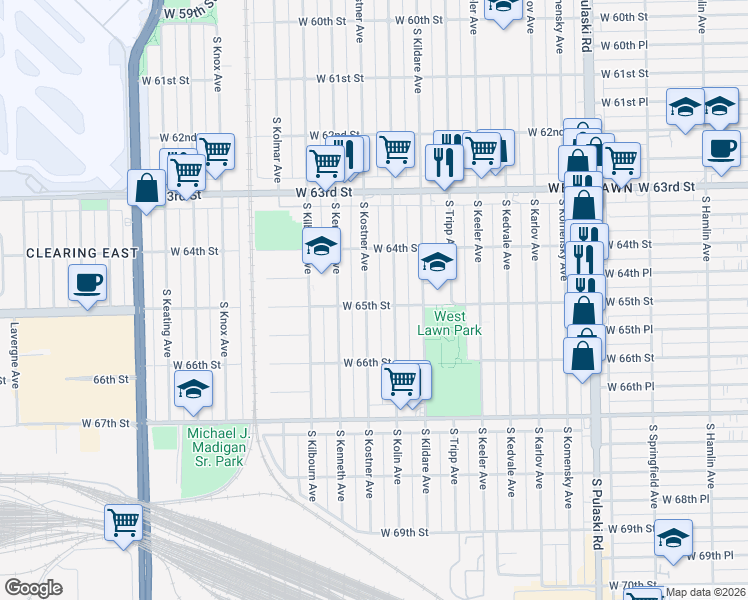 map of restaurants, bars, coffee shops, grocery stores, and more near 6457 South Kostner Avenue in Chicago