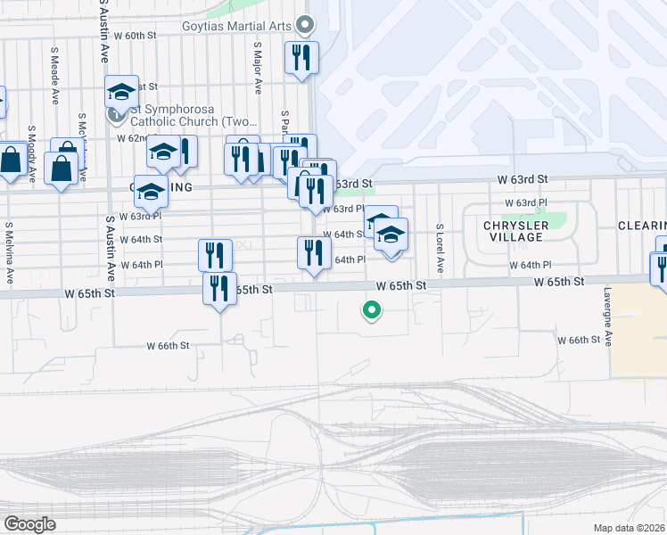 map of restaurants, bars, coffee shops, grocery stores, and more near 5535 West 64th Place in Chicago