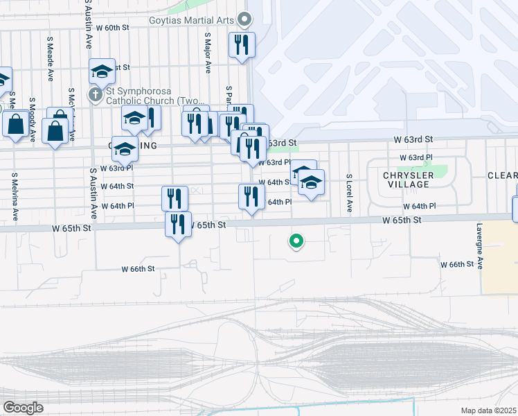 map of restaurants, bars, coffee shops, grocery stores, and more near 5535 West 64th Place in Chicago