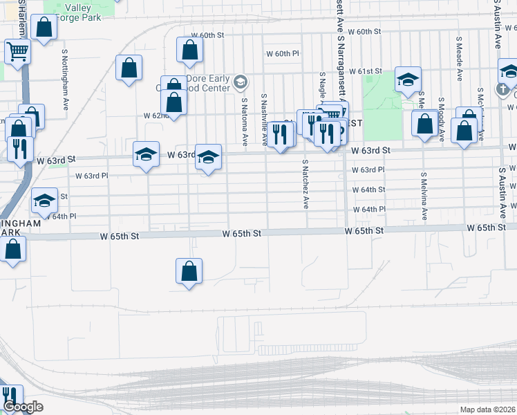 map of restaurants, bars, coffee shops, grocery stores, and more near 6556 West 64th Place in Chicago