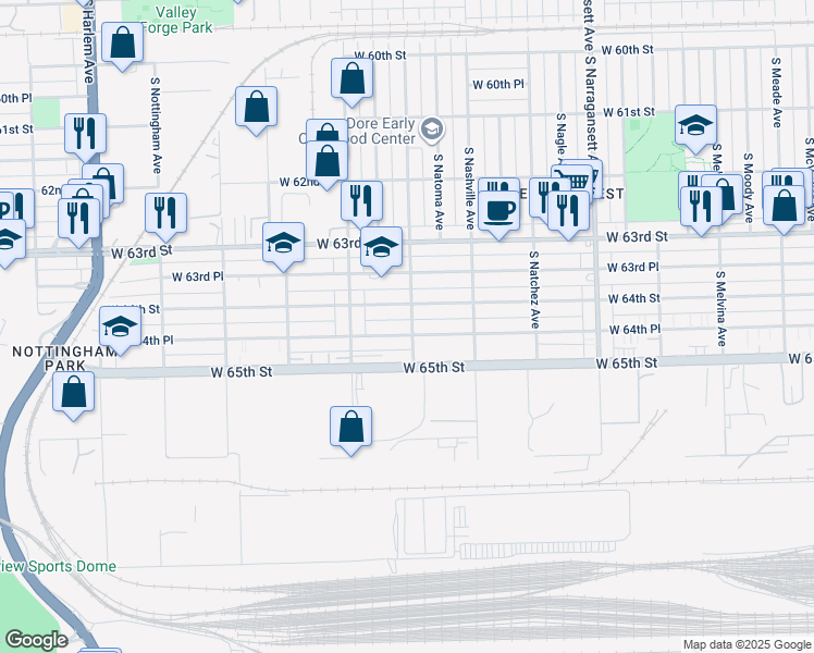 map of restaurants, bars, coffee shops, grocery stores, and more near 6710 West 64th Place in Chicago