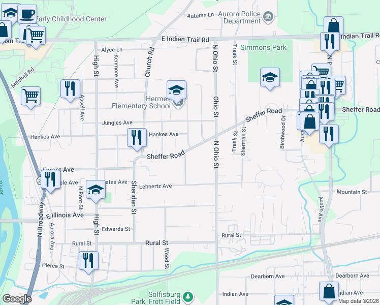map of restaurants, bars, coffee shops, grocery stores, and more near 959 Sheffer Road in Aurora
