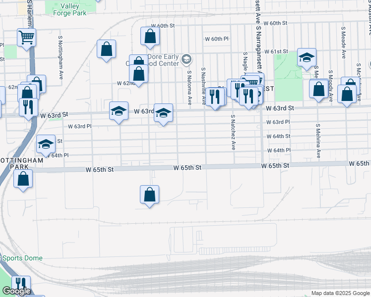 map of restaurants, bars, coffee shops, grocery stores, and more near 6634 West 64th Place in Chicago