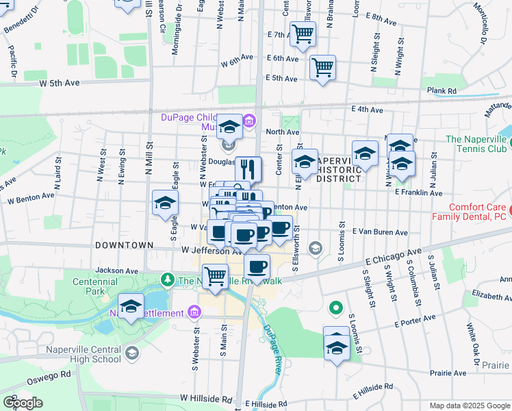 map of restaurants, bars, coffee shops, grocery stores, and more near S Washington St & E Benton Ave in Naperville