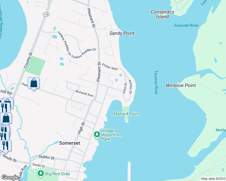 map of restaurants, bars, coffee shops, grocery stores, and more near 145 Old Colony Avenue in Somerset