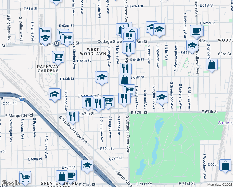map of restaurants, bars, coffee shops, grocery stores, and more near 6552 South Evans Avenue in Chicago