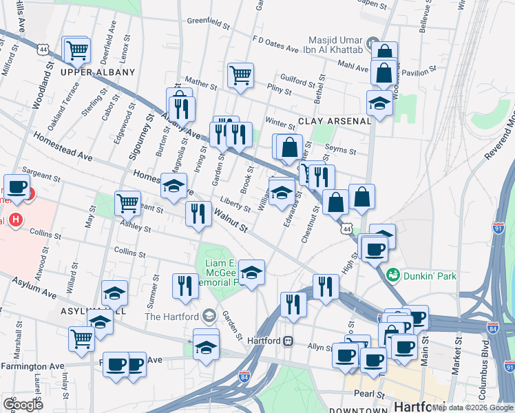 map of restaurants, bars, coffee shops, grocery stores, and more near 11 Liberty Street in Hartford