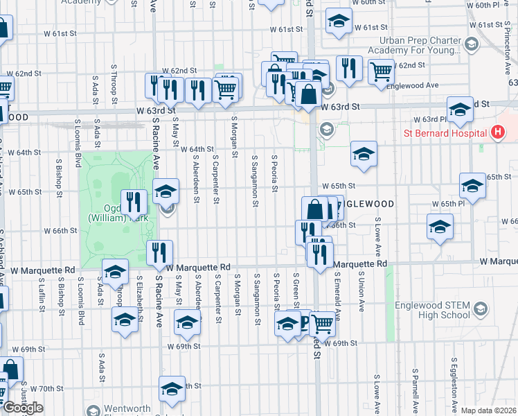 map of restaurants, bars, coffee shops, grocery stores, and more near 6531 South Sangamon Street in Chicago