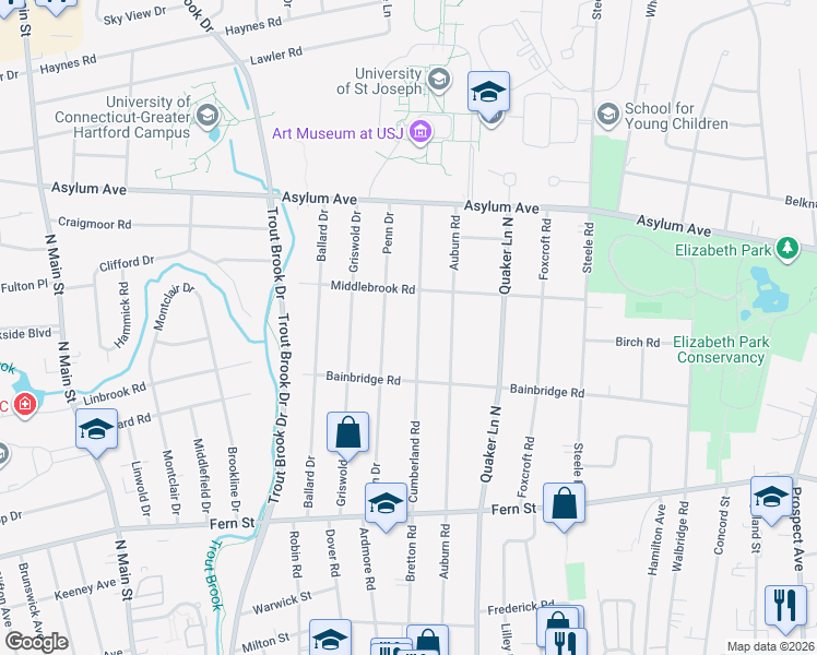 map of restaurants, bars, coffee shops, grocery stores, and more near 79 Cumberland Road in West Hartford