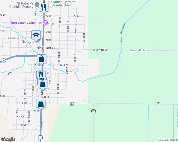 map of restaurants, bars, coffee shops, grocery stores, and more near 300 South 7th Street in Tekamah