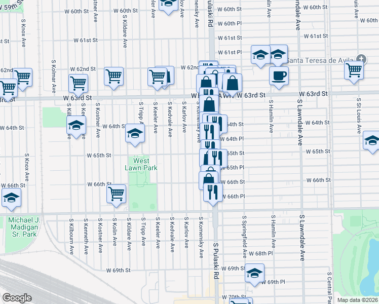 map of restaurants, bars, coffee shops, grocery stores, and more near 6459 South Karlov Avenue in Chicago