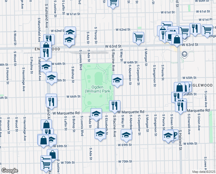 map of restaurants, bars, coffee shops, grocery stores, and more near 6500 South Racine Avenue in Chicago
