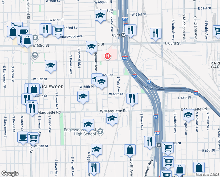 map of restaurants, bars, coffee shops, grocery stores, and more near 6549 South Harvard Avenue in Chicago