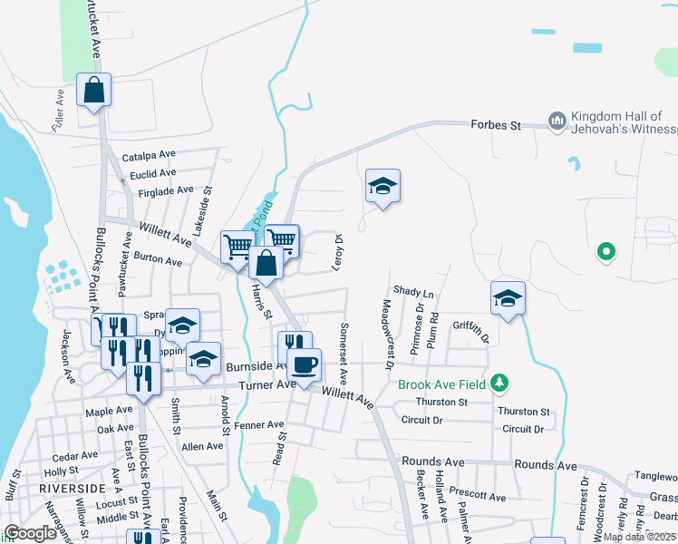 map of restaurants, bars, coffee shops, grocery stores, and more near 49 Leroy Drive in East Providence