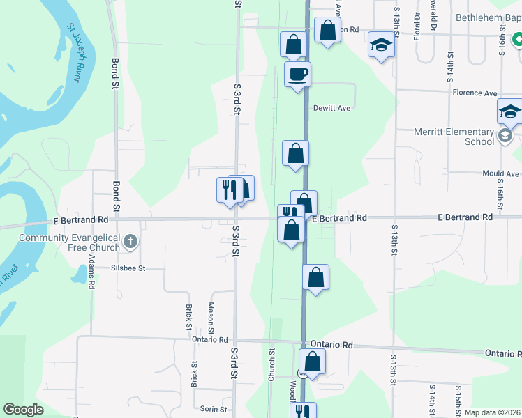 map of restaurants, bars, coffee shops, grocery stores, and more near 321 East Bertrand Road in Niles