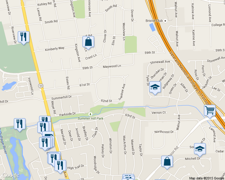 map of restaurants, bars, coffee shops, grocery stores, and more near 6103 Elm Street in Lisle