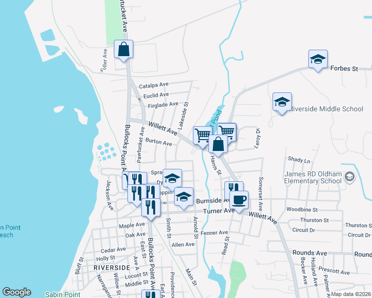 map of restaurants, bars, coffee shops, grocery stores, and more near 155 Willett Avenue in East Providence