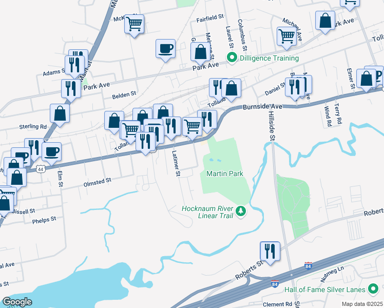 map of restaurants, bars, coffee shops, grocery stores, and more near 15 Oakwood Street in East Hartford