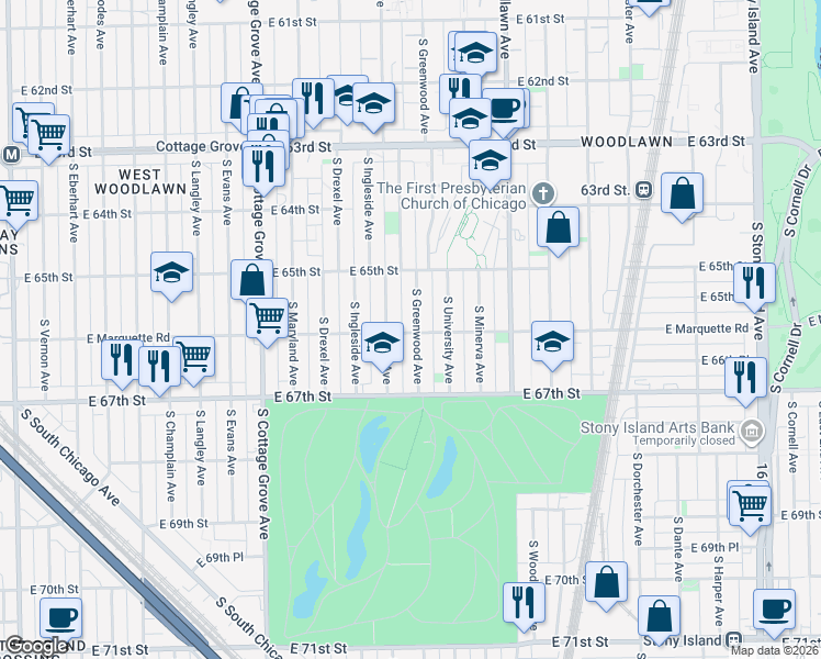map of restaurants, bars, coffee shops, grocery stores, and more near 6558 South Greenwood Avenue in Chicago