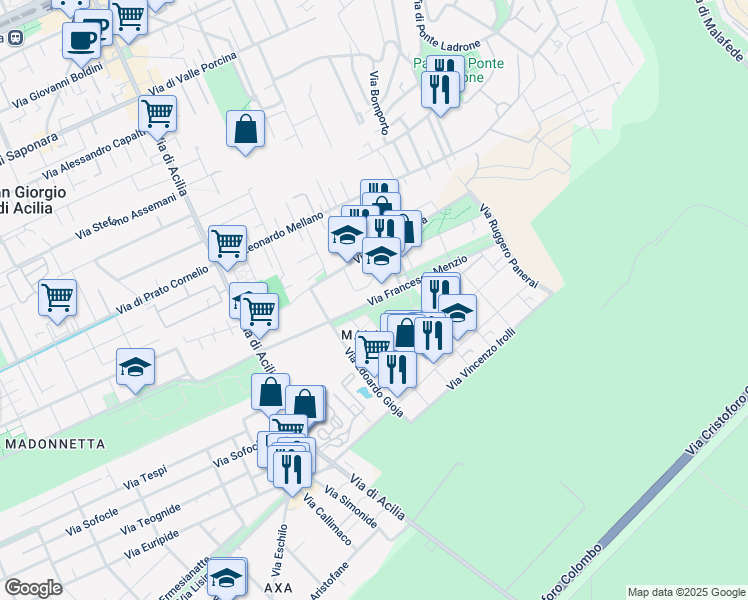 map of restaurants, bars, coffee shops, grocery stores, and more near Via Francesco Menzio in Acilia-castel Fusano-ostia Antica