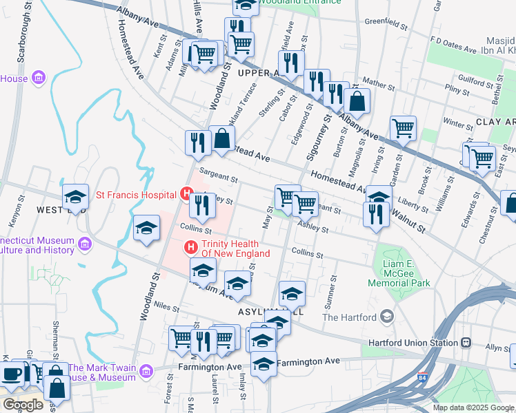 map of restaurants, bars, coffee shops, grocery stores, and more near 166 Ashley Street in Hartford
