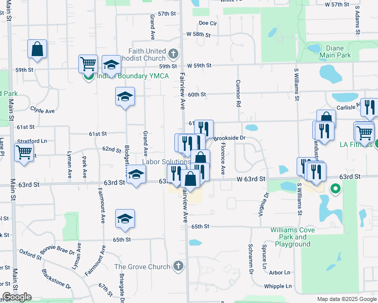map of restaurants, bars, coffee shops, grocery stores, and more near 547 Brookside Drive in Westmont