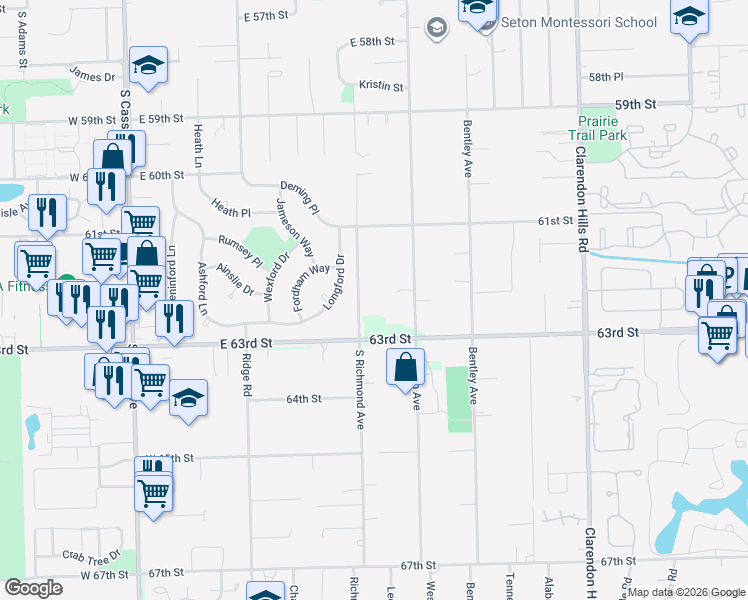 map of restaurants, bars, coffee shops, grocery stores, and more near 6225 South Richmond Avenue in Willowbrook