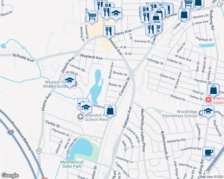 map of restaurants, bars, coffee shops, grocery stores, and more near 27 Hayes Street in Cranston