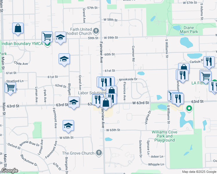 map of restaurants, bars, coffee shops, grocery stores, and more near 543 Brookside Drive in Westmont