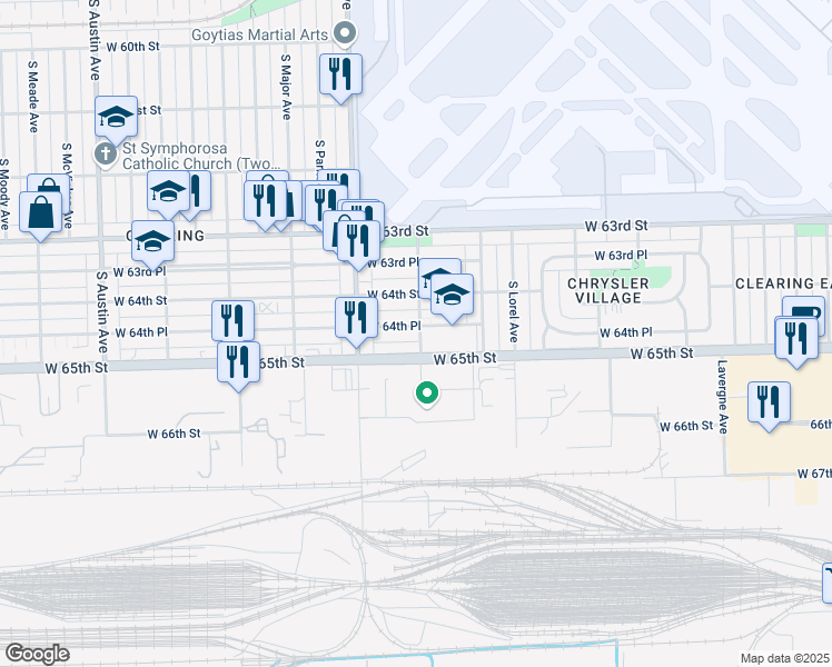 map of restaurants, bars, coffee shops, grocery stores, and more near 5501 West 64th Place in Chicago