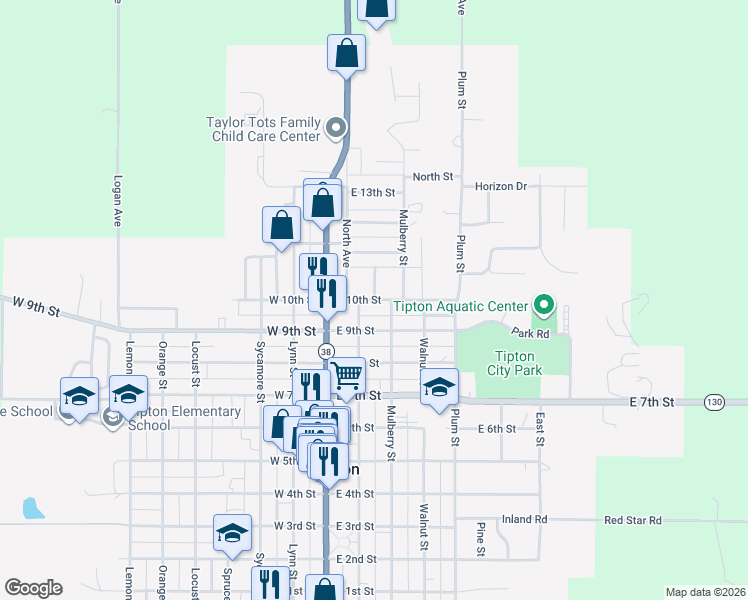 map of restaurants, bars, coffee shops, grocery stores, and more near 217 E 10th St in Tipton